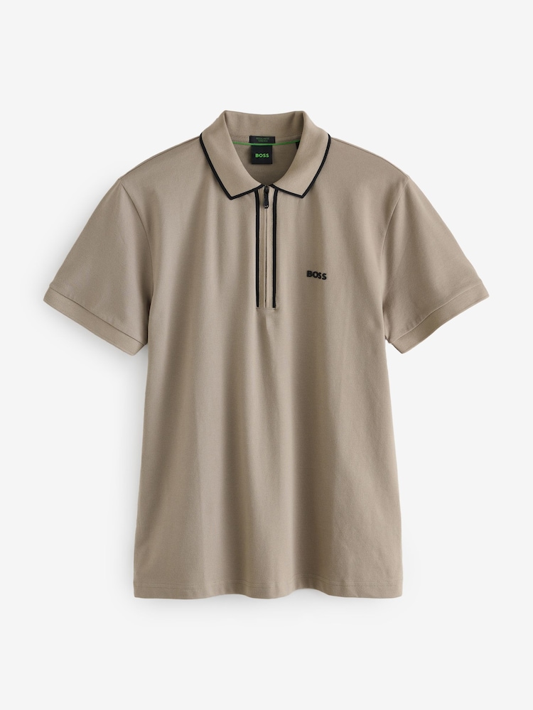 BOSS Beige Philix Tape Zip Neck Contrast Detail Knit Polo Shirt - Image 5 of 5