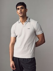 BOSS Grey Palle Tape Rib 100% Cotton Polo Shirt - Image 1 of 4