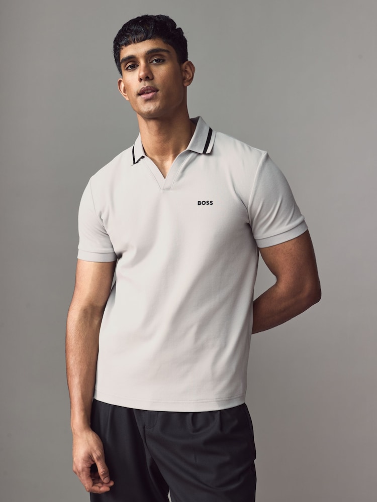 BOSS Grey Palle Tape Rib 100% Cotton Polo Shirt - Image 1 of 4
