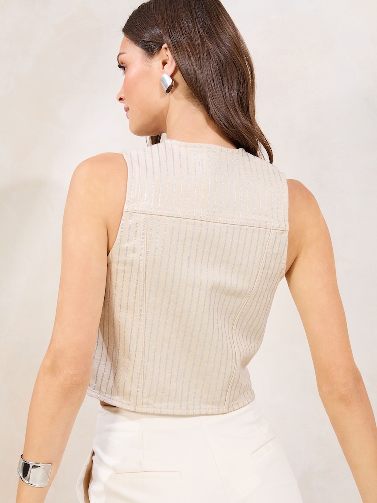 Lipsy Sparkle Stripe Ecru Denim Waistcoat - Image 4 of 4 Lipsy Sparkle Stripe Ecru Denim Waistcoat - Image 4 of 4