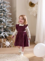 Mamas & Papas Red Floral 100% Cotton Bodysuit & Velvet Pinafore Dress 2 Piece Set - Image 1 of 8