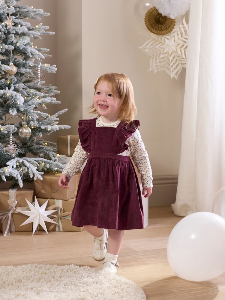 Mamas & Papas Red Floral 100% Cotton Bodysuit & Velvet Pinafore Dress 2 Piece Set - Image 1 of 8