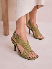 Khaki Green Forever Comfort® Square Toe Weave Cross-Over Slingback Heels - Image 1 of 13