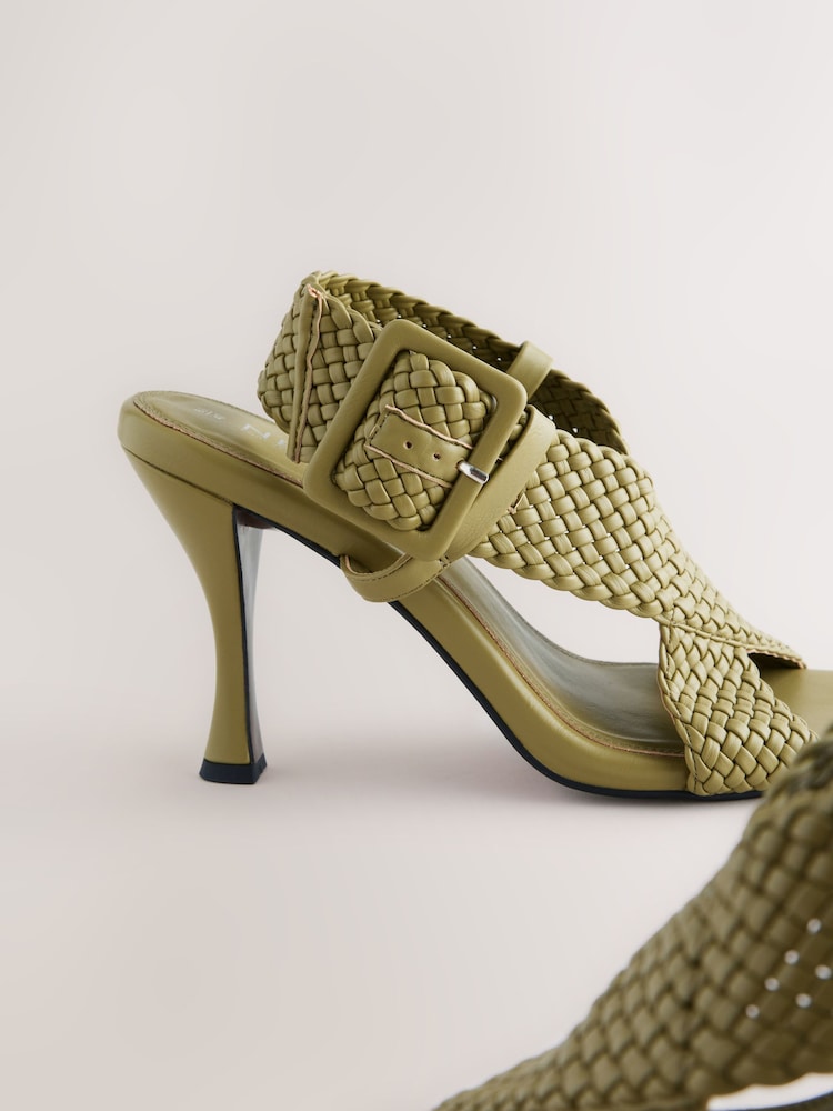 Khaki Green Forever Comfort® Square Toe Weave Cross-Over Slingback Heels - Image 13 of 13