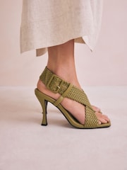 Khaki Green Forever Comfort® Square Toe Weave Cross-Over Slingback Heels - Image 2 of 13