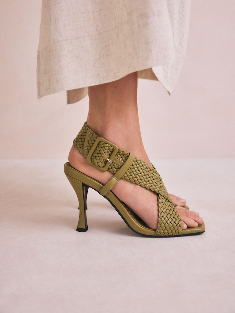 Khaki Green Forever Comfort® Square Toe Weave Cross-Over Slingback Heels - Image 2 of 13