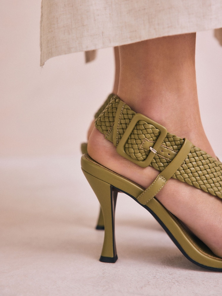 Buy Khaki Green Square Toe Weave Cross-Over Slingback Heels from