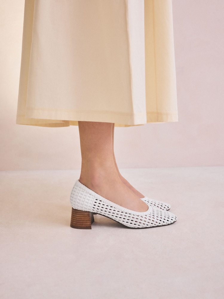 White Forever Comfort® Leather Round Toe Weave Low Block Courts Heels - Image 1 of 11