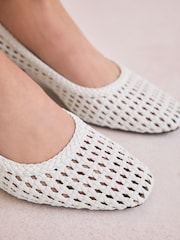 White Forever Comfort® Leather Round Toe Weave Low Block Courts Heels - Image 4 of 11