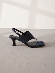 Navy Signature Premium Leather Square Toe Post Slinback Sandals - Image 5 of 8