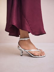 Silver Forever Comfort® Round Toe Post Ankle Wrap Heels - Image 1 of 7