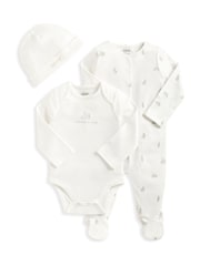 Mamas & Papas Bunny 100% Cotton White Jersey pajac za spanje, bodi & klobuki in kape; pokrivala 3 Pieces Komplet - Slika 1 iz 1