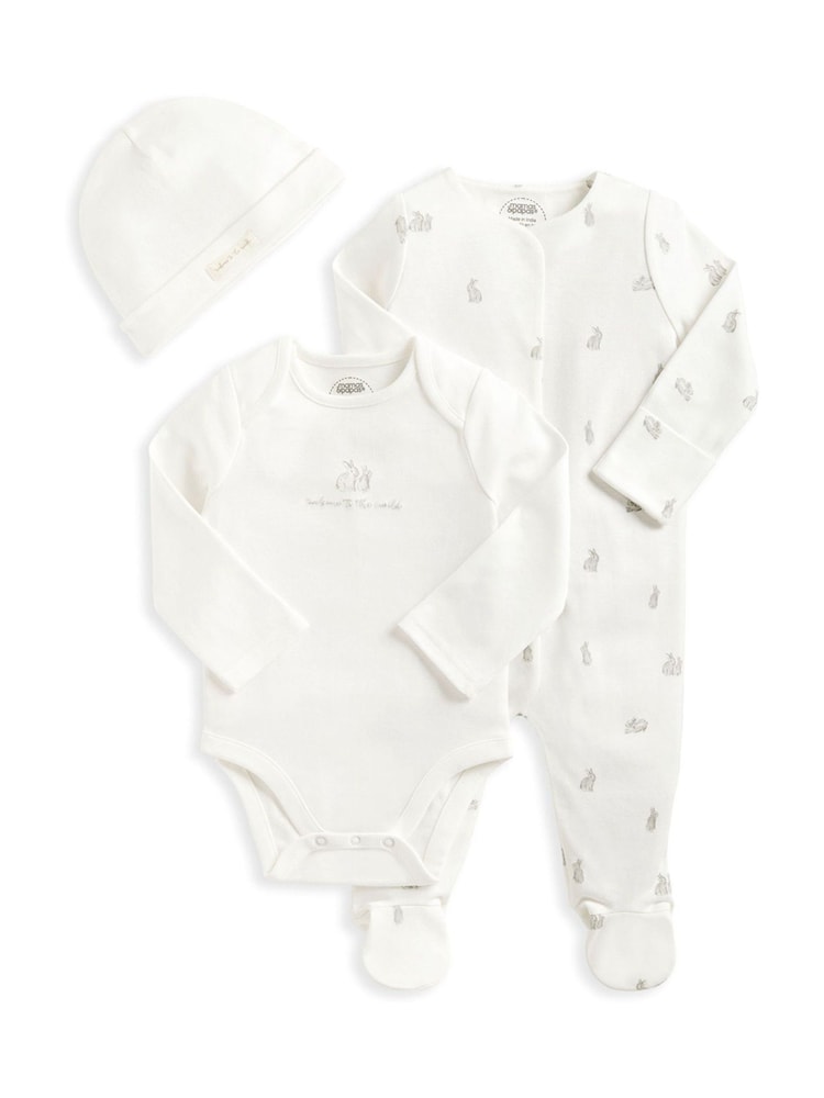 Mamas & Papas Bunny 100% Cotton White Jersey pajac za spanje, bodi & klobuki in kape; pokrivala 3 Pieces Komplet - Slika 1 iz 1