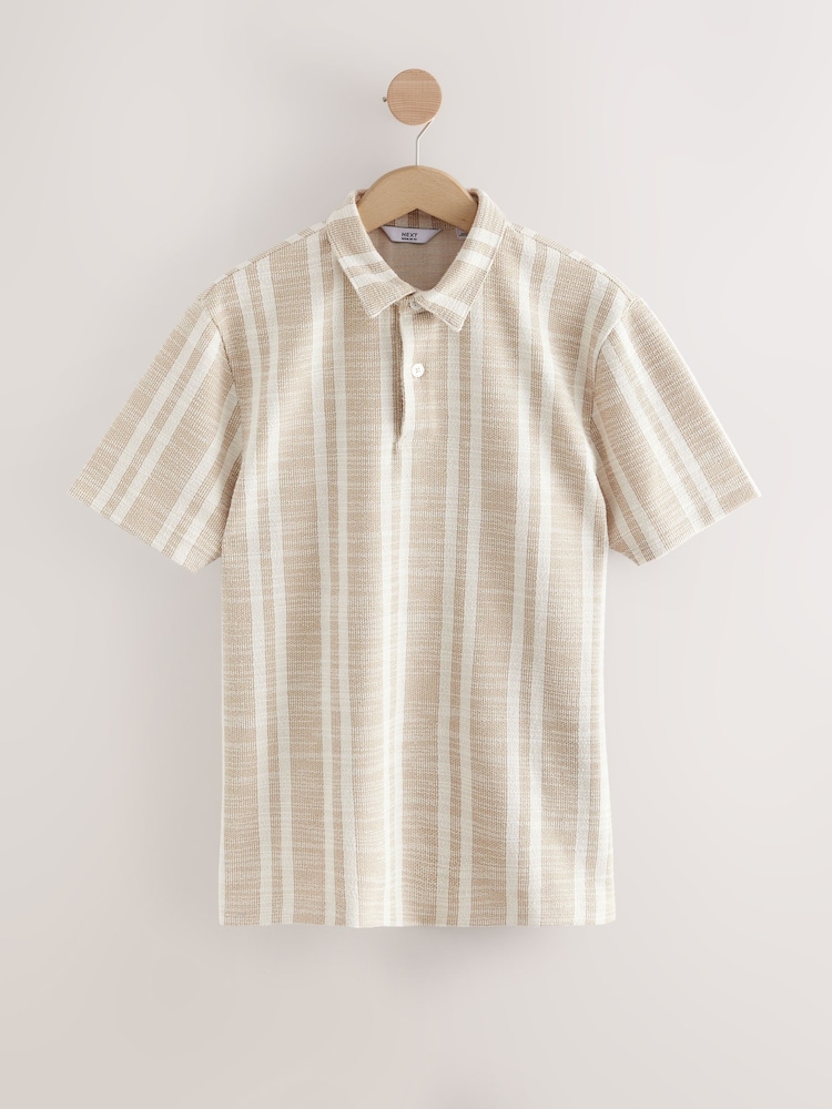 Neutral Brown Vertical Stripe Textured Polo Shirt - Image 5 of 7
