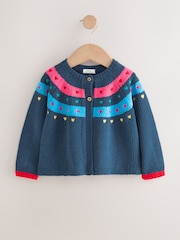 Navy Knitted Heart Print Cardigan (3mths-7yrs) - Image 5 of 8