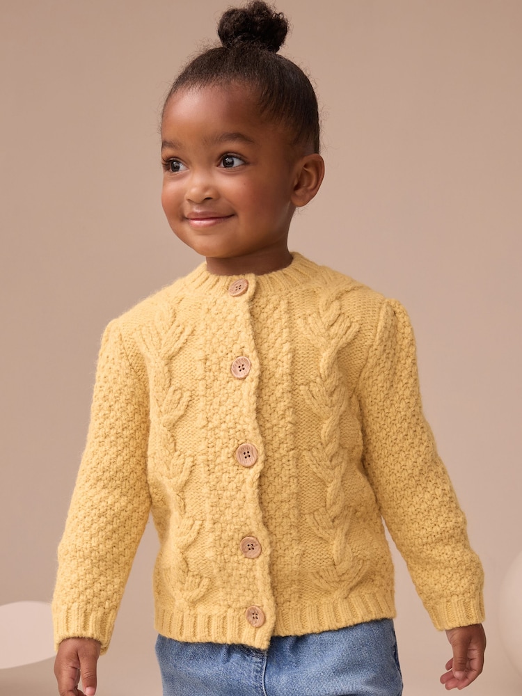 Ochre Yellow Chunky Knit Bobble Cardigan (3mths-10yrs) - Image 1 of 7