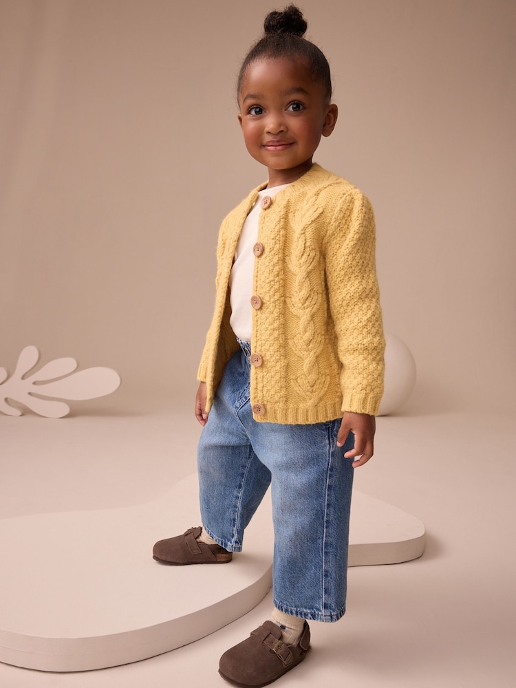 Ochre Yellow Chunky Knit Bobble Cardigan (3mths-10yrs) - Image 2 of 7