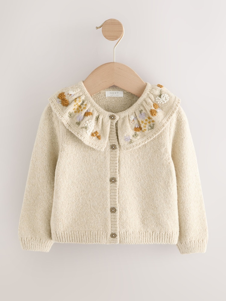 Ecru Floral Print Embellished Collar Cardigan (3mths-7yrs) - Image 1 of 4