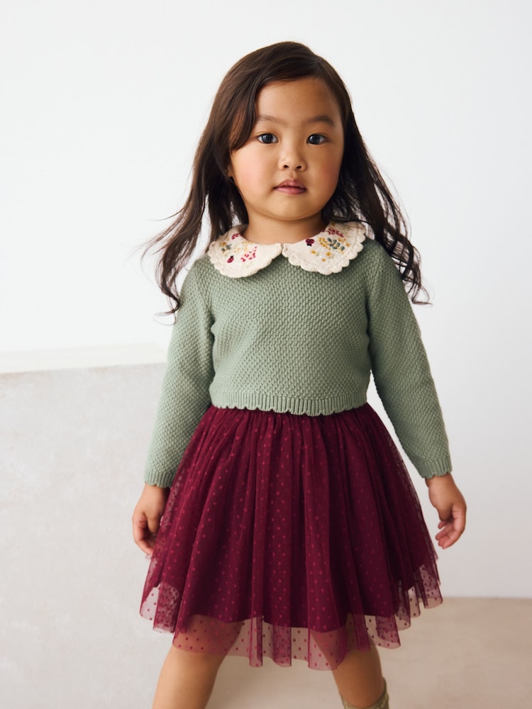 Green/Red Embellished Collar Jumper and Skirt Set (3mths-7yrs) - Image 1 of 11