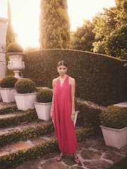 Red Halterneck Maxi Dress With Linen - Image 1 of 8