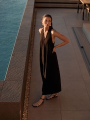 Black Halterneck Maxi Dress With Linen - Image 1 of 9