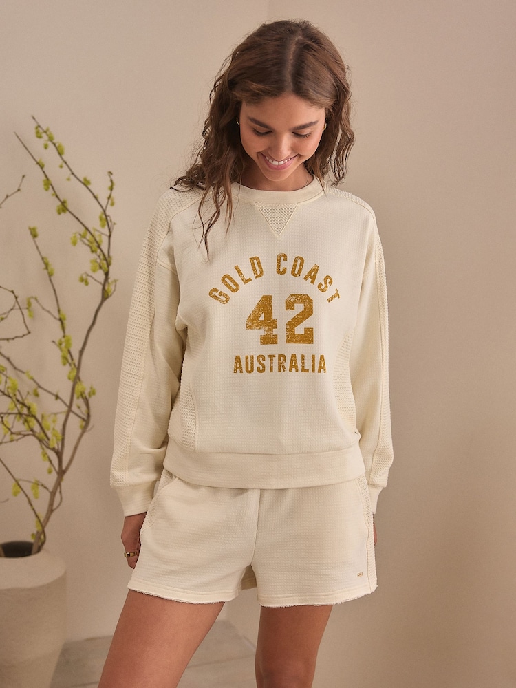 Cream Slogan 100% Cotton Textured Waffle Sweatshirt - Image 2 of 6 Cream Slogan 100% Cotton Textured Waffle Sweatshirt - Image 2 of 6