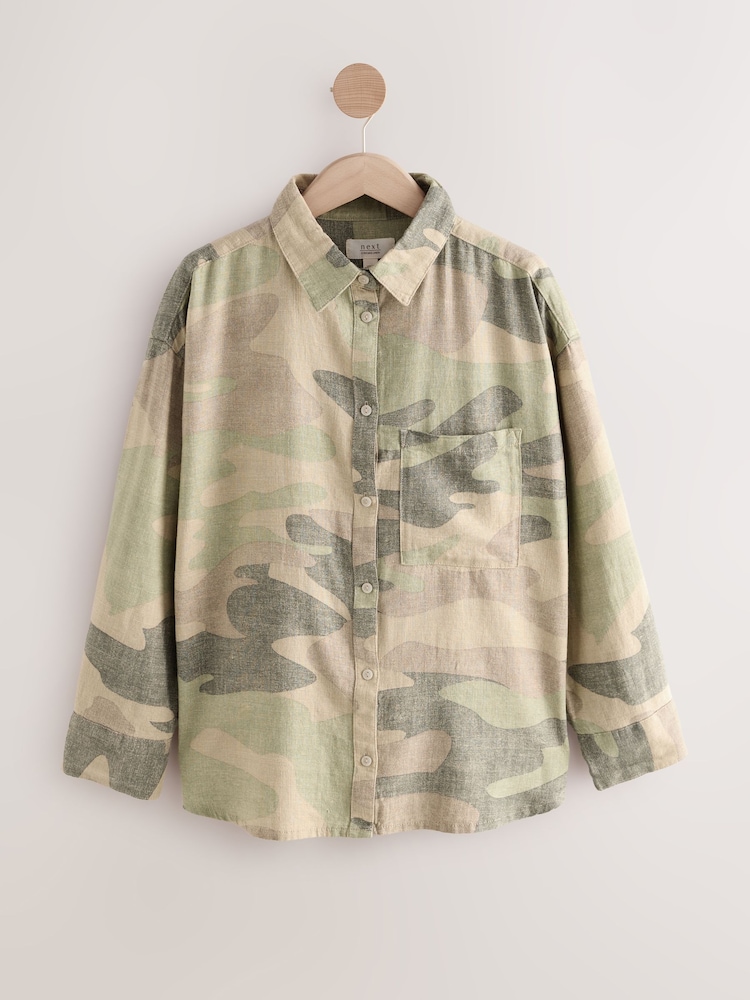 Camo Oversized Linen Blend Shirt - Image 1 of 3 Camo Oversized Linen Blend Shirt - Image 1 of 3