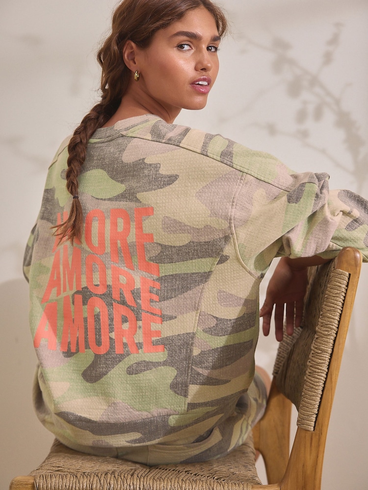 Camo Slogan 100% Cotton Textured Waffle Sweatshirt - Image 1 of 6 Camo Slogan 100% Cotton Textured Waffle Sweatshirt - Image 1 of 6