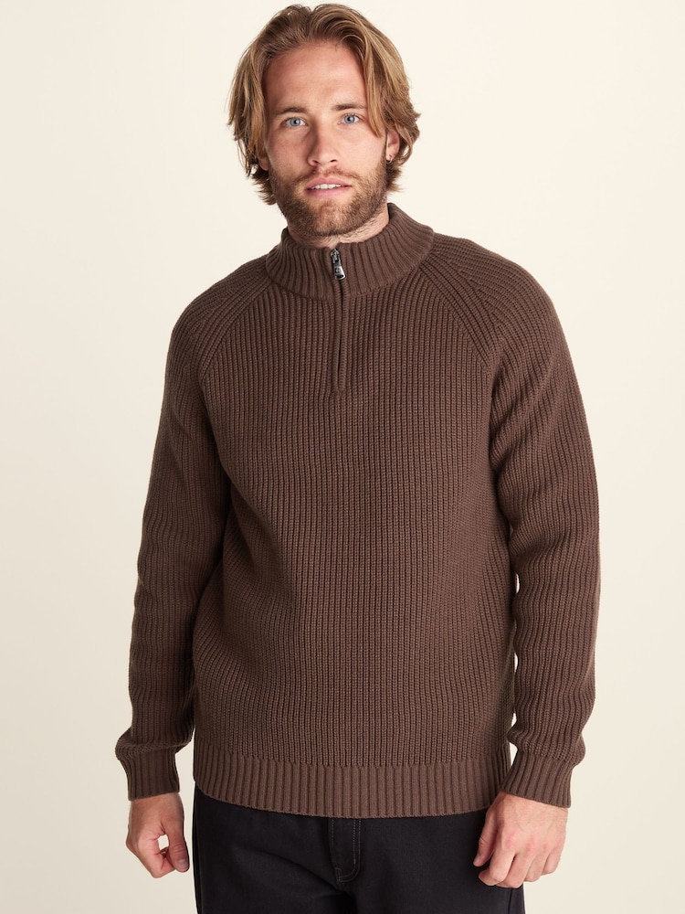 Tog 24 Brown Glen Chunky Knitted Zip Neck Jumper - Image 1 of 6