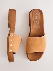 Tan Brown Suede Open Toe Studded Clog Mule Sandals - Image 1 of 10