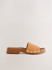 Tan Brown Suede Open Toe Studded Clog Mule Sandals - Image 3 of 10