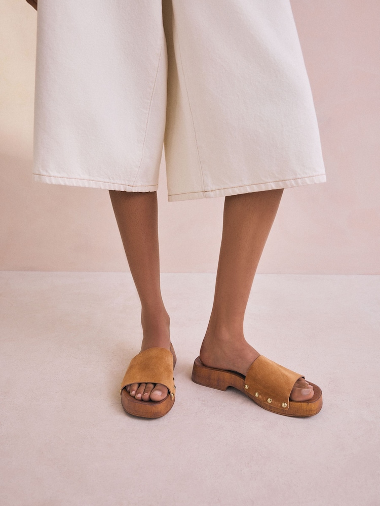 Tan Brown Suede Open Toe Studded Clog Mule Sandals - Image 3 of 10