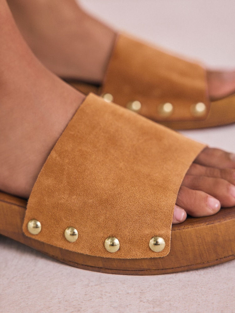 Tan Brown Suede Open Toe Studded Clog Mule Sandals - Image 6 of 10