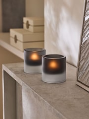 Sosandar Set of 2 Charcoal Grey Frosted Glass Tea Light Holders - Image 2 of 5