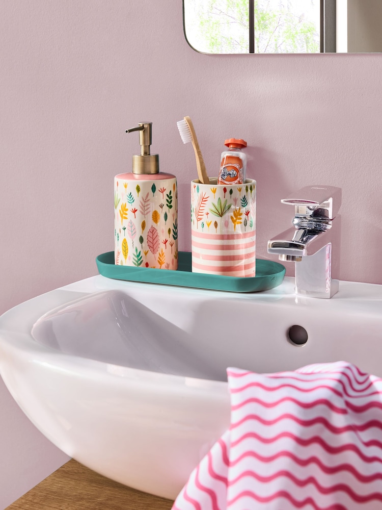 Lucy Tiffney Cream/Pink/Green Leaf Soap Dispenser and Toothbrush Tidy Set - Image 1 of 5 Lucy Tiffney Cream/Pink/Green Leaf Soap Dispenser and Toothbrush Tidy Set - Image 1 of 5