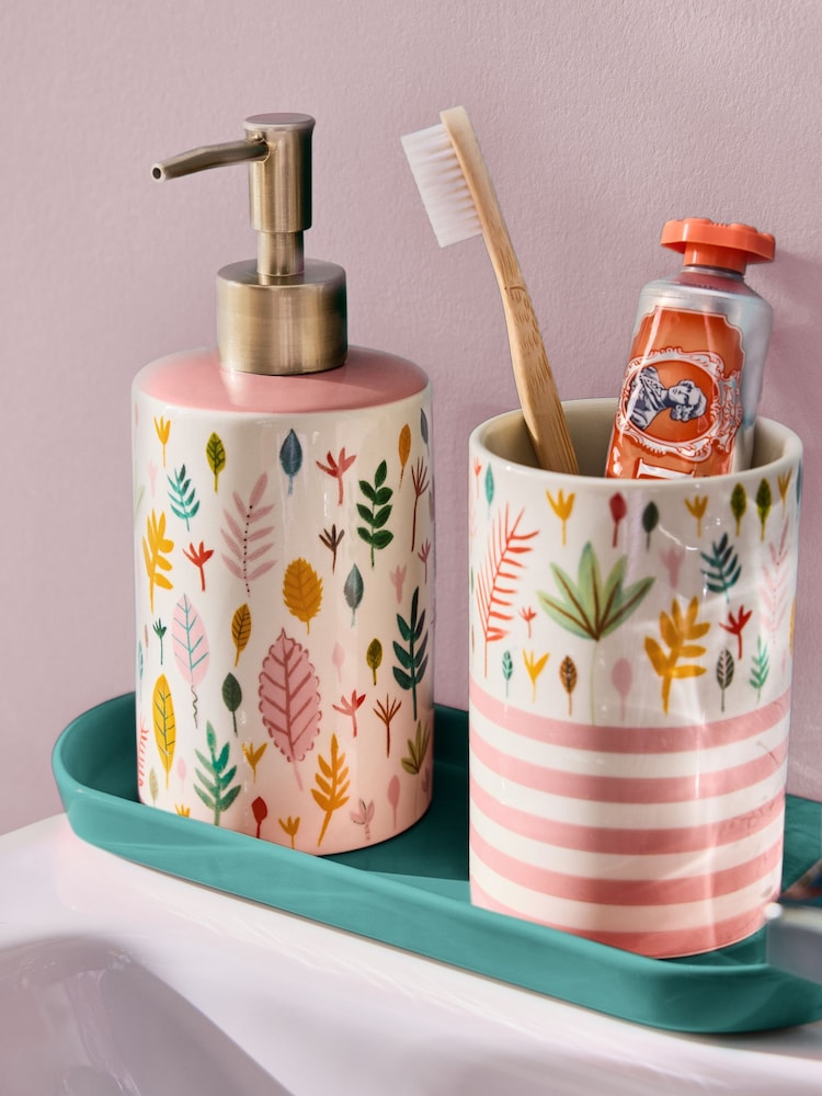 Lucy Tiffney Cream/Pink/Green Leaf Soap Dispenser and Toothbrush Tidy Set - Image 2 of 5 Lucy Tiffney Cream/Pink/Green Leaf Soap Dispenser and Toothbrush Tidy Set - Image 2 of 5