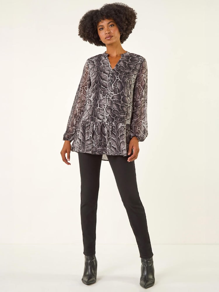 Roman Grey Snake Print V-Neck Tunic Top - Image 2 of 4 Roman Grey Snake Print V-Neck Tunic Top - Image 2 of 4