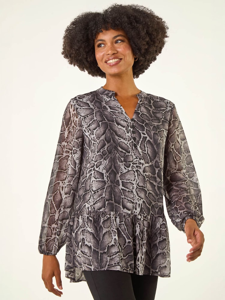 Roman Grey Snake Print V-Neck Tunic Top - Image 4 of 4 Roman Grey Snake Print V-Neck Tunic Top - Image 4 of 4