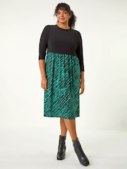 Roman Green Curve Constrast Skirt Stretch Dress - Image 2 of 4