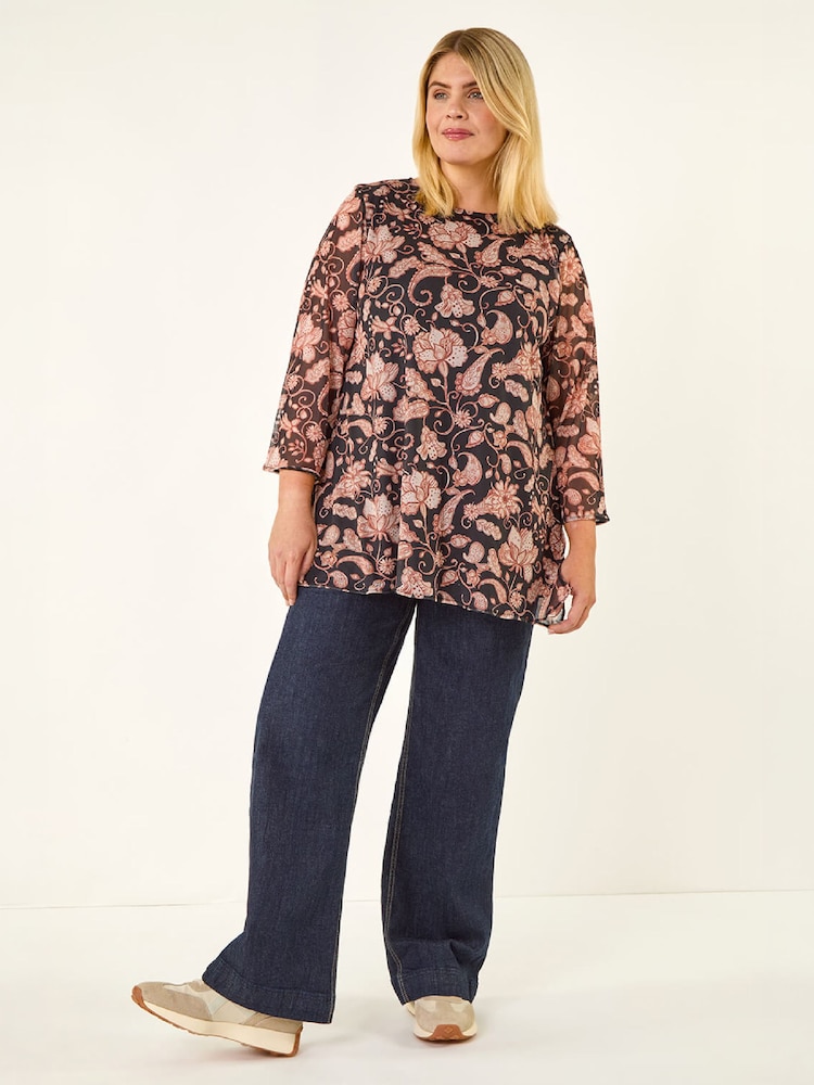 Roman Natural Curve Print Mesh Tunic Top - Image 2 of 4