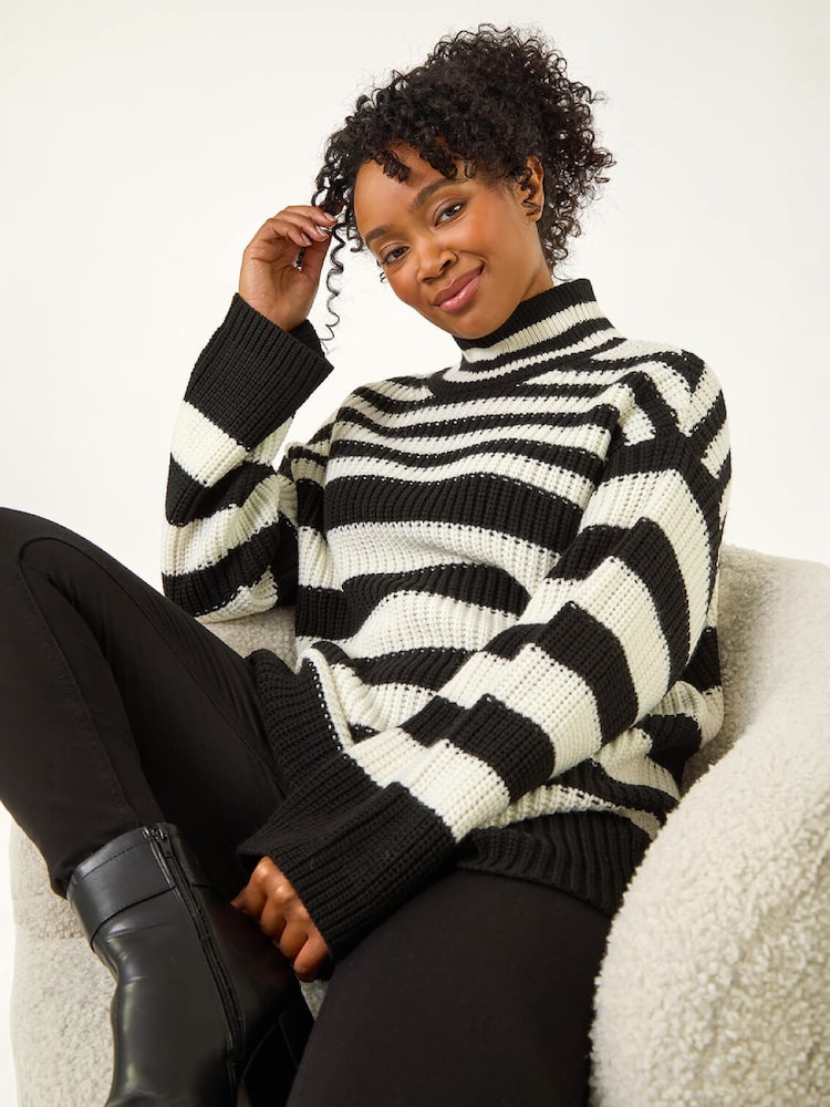 Roman Black Petite Stripe High Neck Jumper - Image 2 of 4 Roman Black Petite Stripe High Neck Jumper - Image 2 of 4