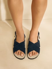Navy Blue Suede Forever Comfort® Cross Footbed Wedges Sandals - Image 3 of 9