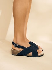 Navy Blue Suede Forever Comfort® Cross Footbed Wedges Sandals - Image 4 of 9