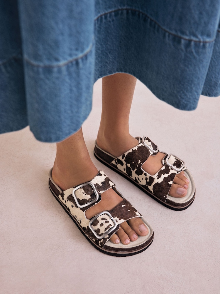 Animal Cow Print Leather Forever Comfort® Premium Double Strap Footbed Sandals - Image 4 of 10