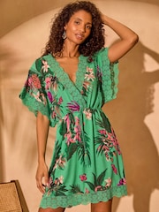 Love & Roses Green Tropical Mini Lace Trim Tassel Tie Detail Kaftan - Image 3 of 5