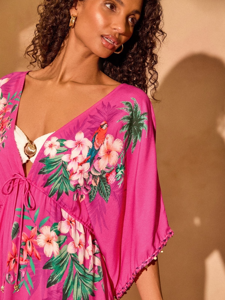 Love & Roses Pink Tropical Printed Kaftan - Image 2 of 5