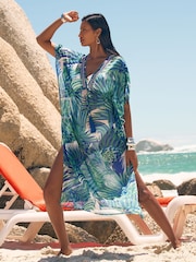 Love & Roses Blue Petite Palm Print Embellished Maxi Kaftan - Image 3 of 4