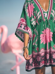 Love & Roses Green Petite Viscose Tropical Kaftan - Image 4 of 4
