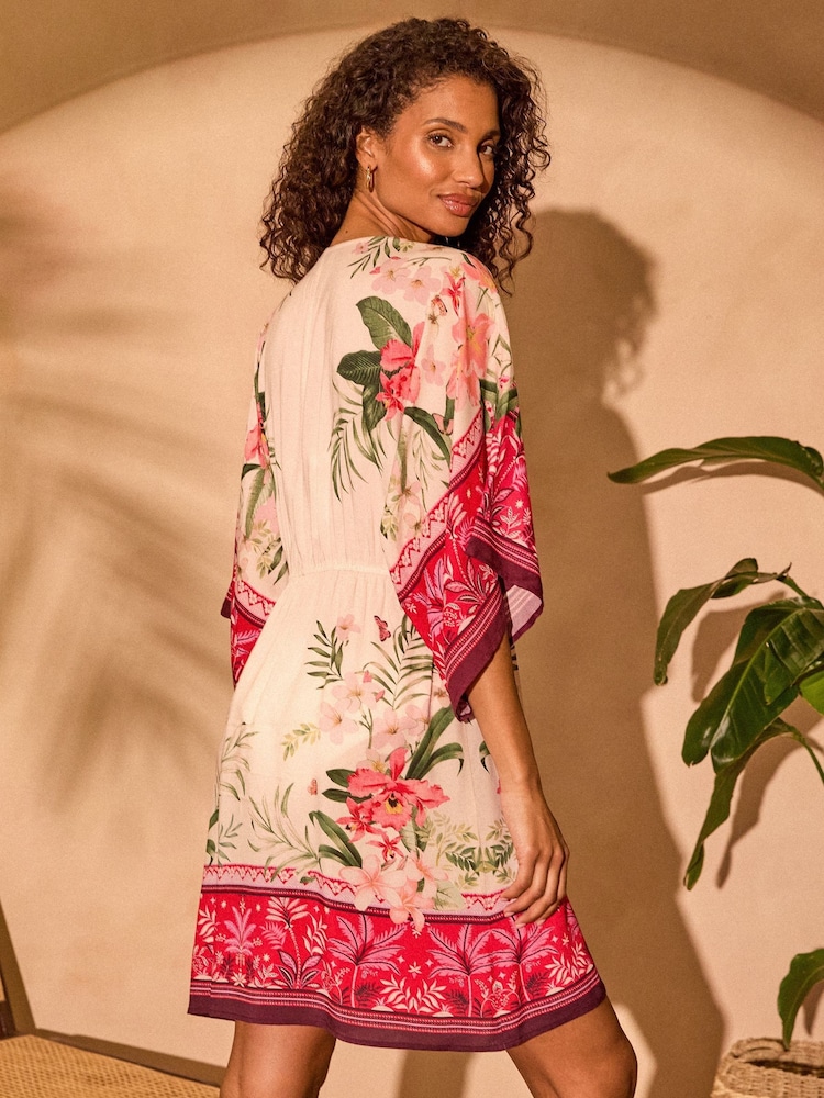 Love & Roses Pink Tropical Printed Tie Waist Kaftan - Image 2 of 4 Love & Roses Pink Tropical Printed Tie Waist Kaftan - Image 2 of 4