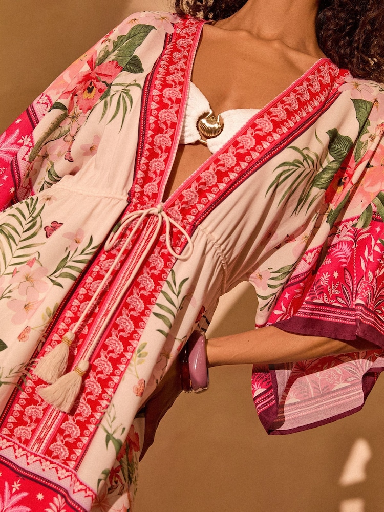 Love & Roses Pink Tropical Printed Tie Waist Kaftan - Image 4 of 4 Love & Roses Pink Tropical Printed Tie Waist Kaftan - Image 4 of 4